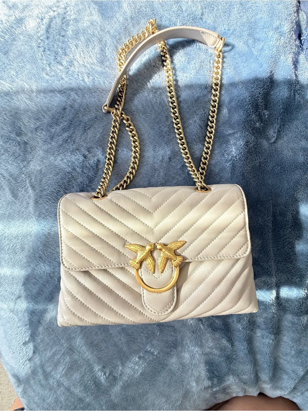 PINKO Love Bag Chevron Greige Leather Gold Chain Shoulder Bag